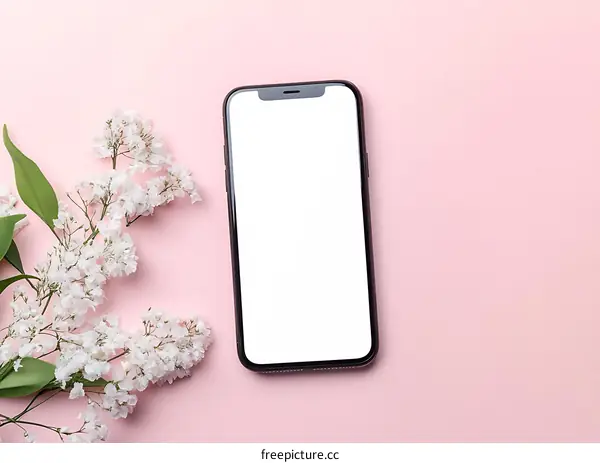 White Flowers and Smartphone on Pink Background