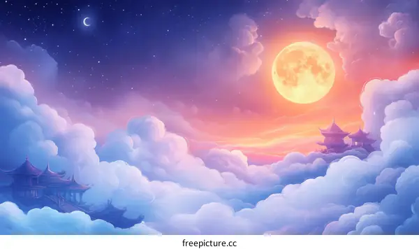 Mystical Chinese Architecture on Cloudscape at Night