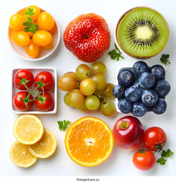 Colorful arrangement of fresh fruits on white background