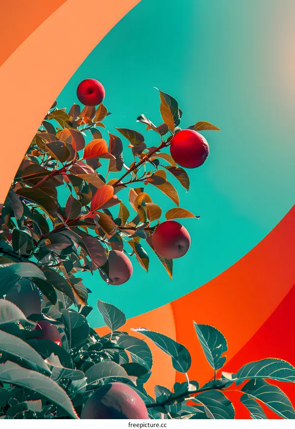 Apple Tree Branch With Red Apples Against A Turquoise Sky And Orange Background