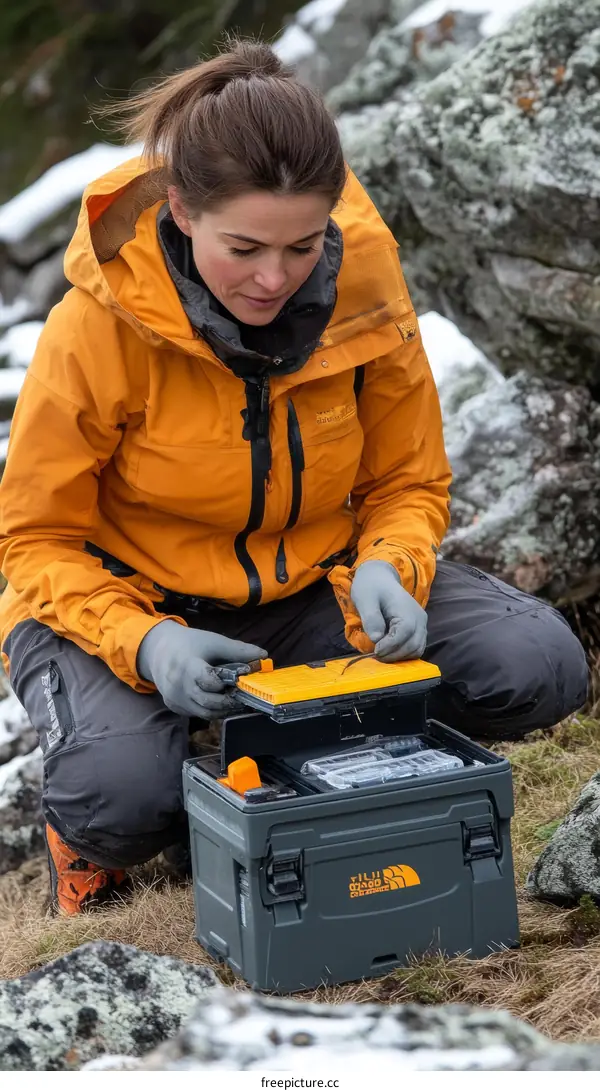 Woman Working with Outdoor Equipment in Rocky Terrain