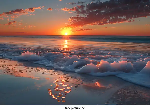 Sunset over the ocean with waves crashing on the beach
