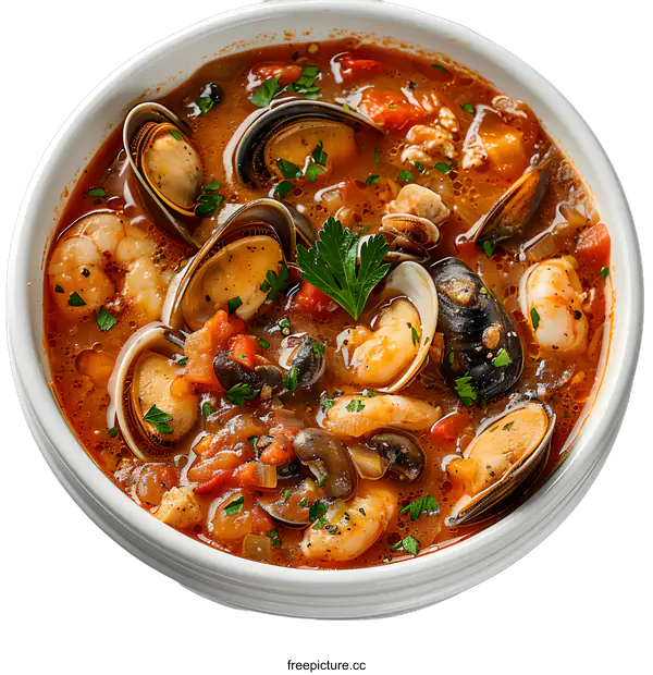 [Transparent Background PNG]A bowl of seafood soup with shrimp, clams, and vegetables