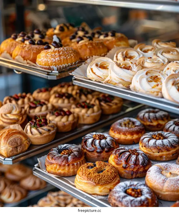 Assortment of Pastries and Cakes Displayed in Bakery