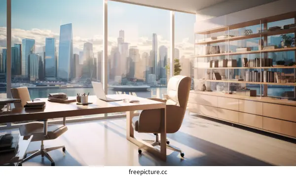 Office interior with a view of the city