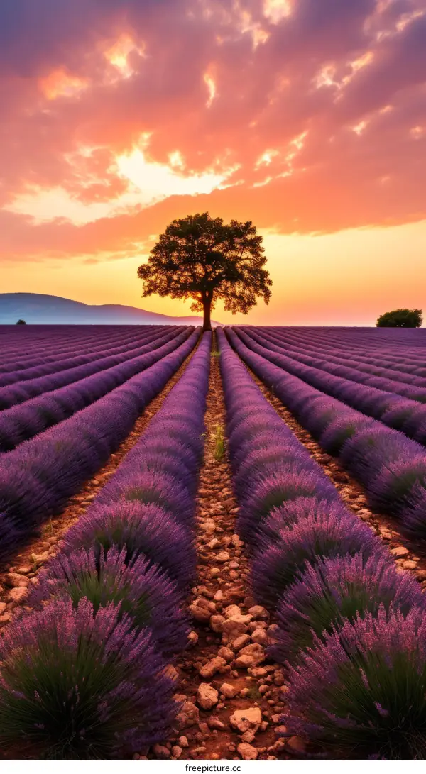 Lavender field with a lonely tree at sunset in Provence, France
