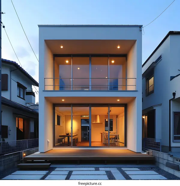 Modern White House with Wooden Deck and Large Windows