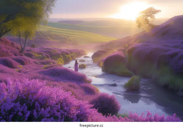 Lavender field with a river running through it and a woman walking in the distance
