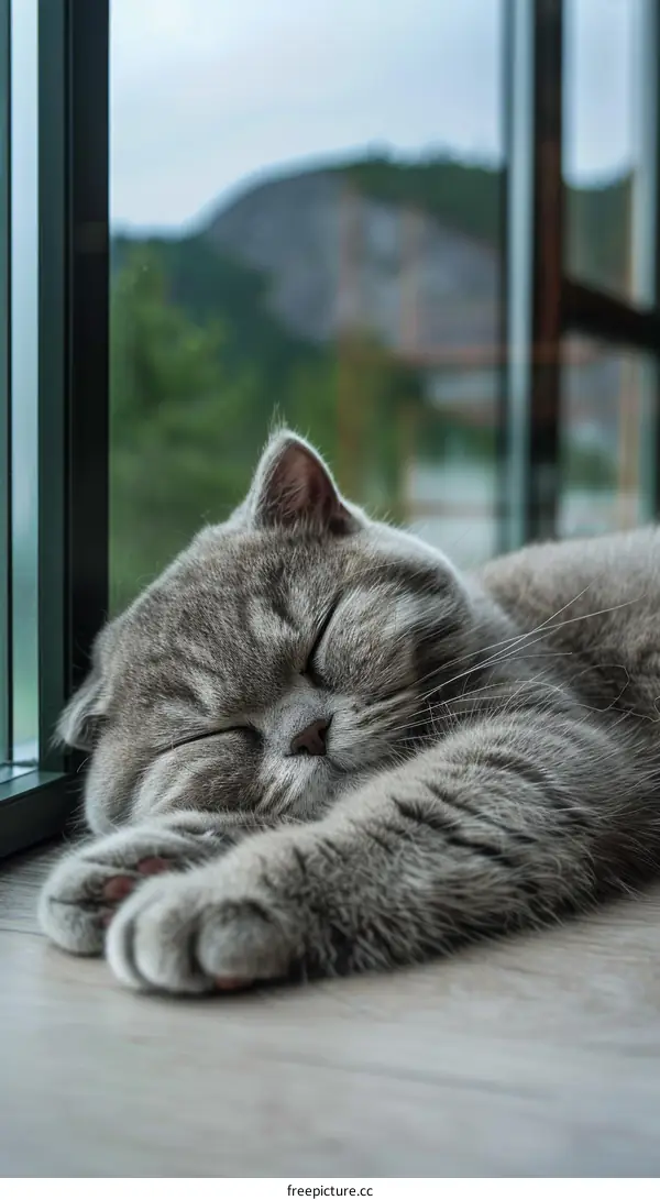 A gray cat is sleeping on the wooden floor in front of the floor-to-ceiling windows.
