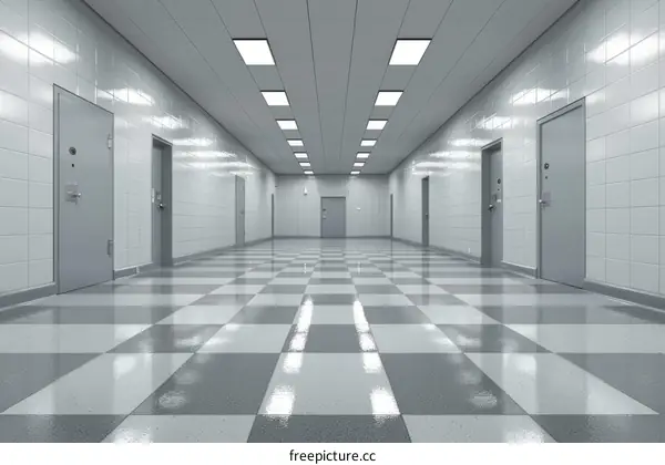Institutional hallway with gray and white checkered floor tiles