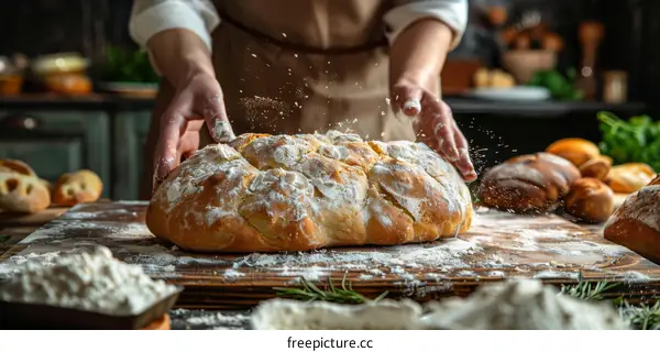 Baker carefully sprinkling flour on a loaf of bread