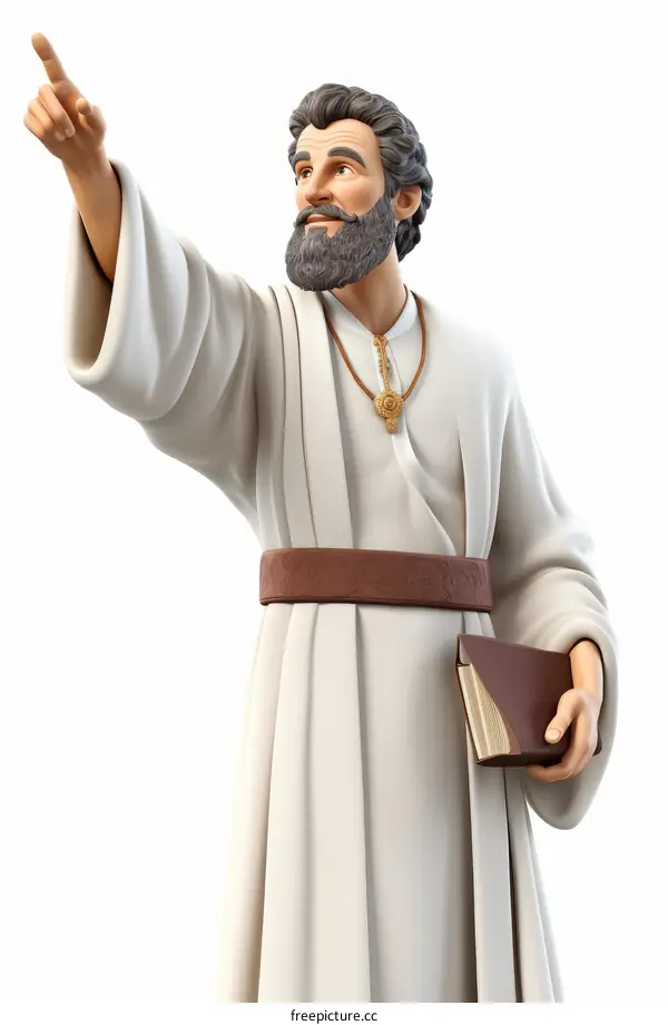 Biblical figure pointing upwards while holding a book