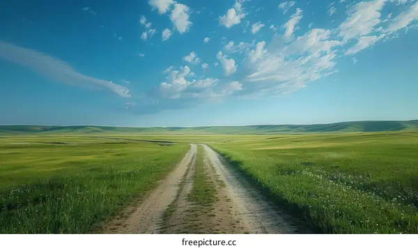 Country Road through a Verdant Green Meadow