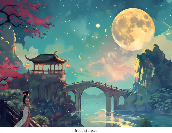 Chinese Woman in Traditional Dress Standing on a Bridge Under a Full Moon