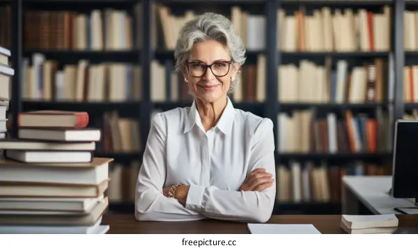 Portrait of a smiling senior female librarian in a library