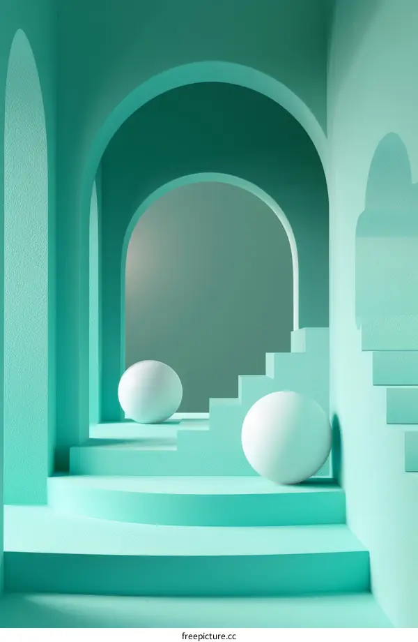 3D Render: Green Room with Arches and Staircase