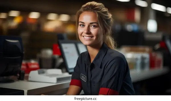 Portrait of a young female cashier at a supermarket checkout counter