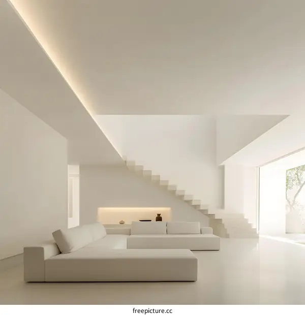 Modern Minimalist White Interior Design Living Room with Stairs