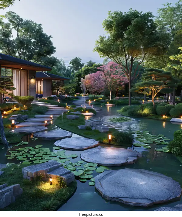 Stepping stones in a pond with trees and a house in the background