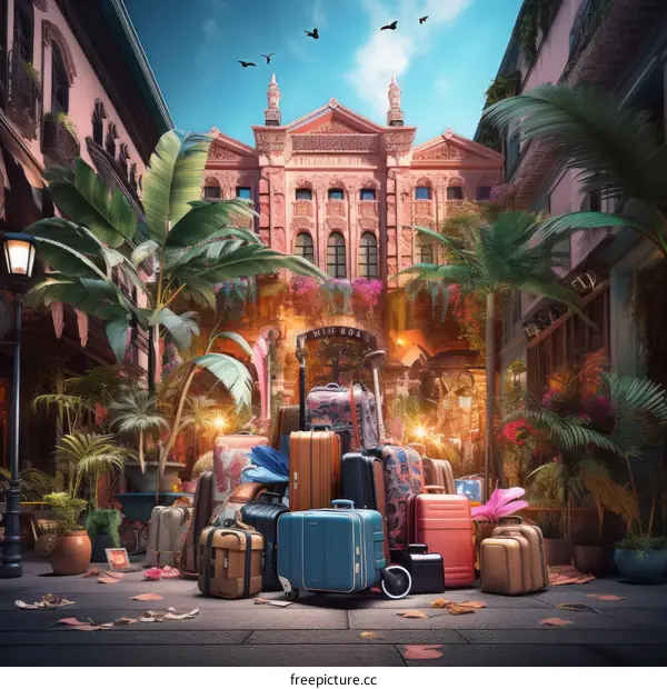 luggage left behind in a beautiful alley