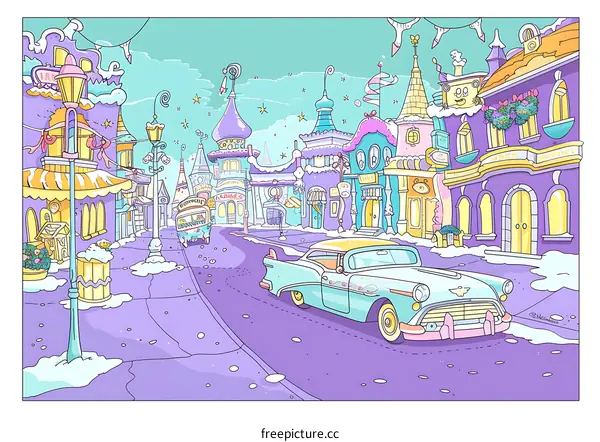 Winter Town Illustration With Cartoon Style Buildings And A Car