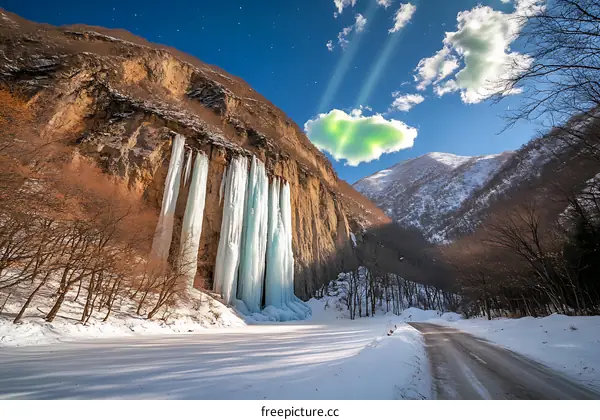 Frozen Waterfall in Mountains with Snow and Blue Sky