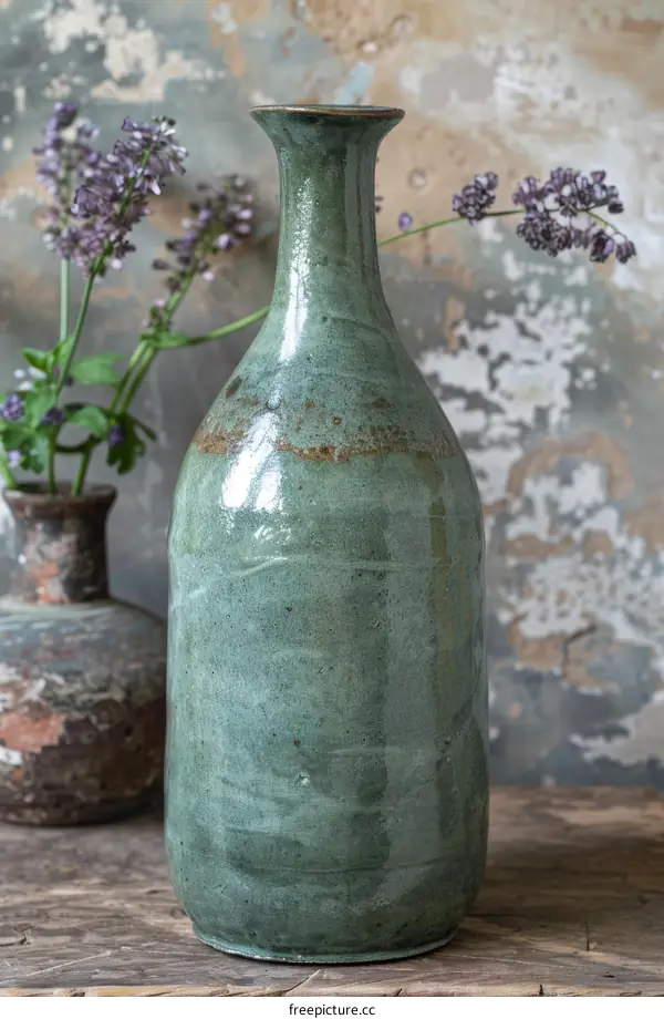 Green ceramic vase with flowers