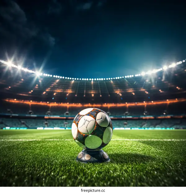 A soccer ball sits on the field of an empty stadium at night