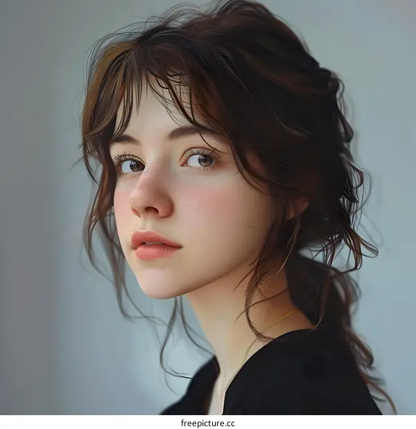 Digital Portrait of a Young Woman with Long Brown Hair