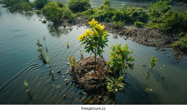 Small island in middle of the river with green plants growing on it