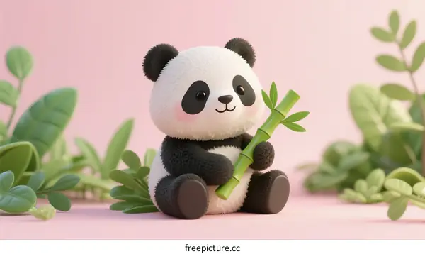 Cute Fluffy Panda Bear Holding Green Bamboo Branch in Garden