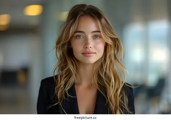 Portrait of a young woman with long blond hair and blue eyes