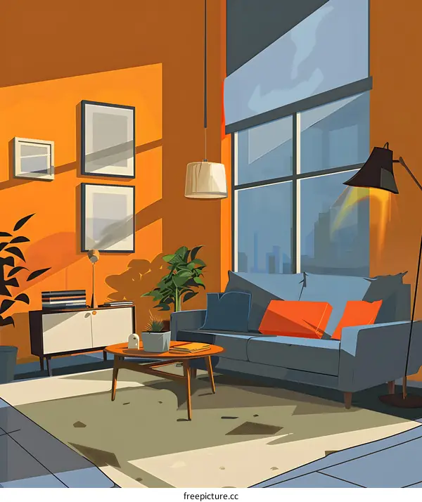 Modern Living Room Interior Design with Orange Walls and a Big Window