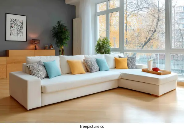 Modern Living Room with L-Shaped Sofa and Big Windows