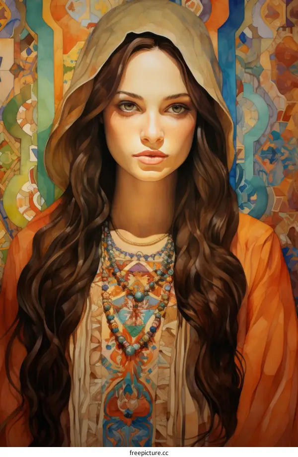 An illustration of a young middle eastern woman in a colorful headdress and dress with a neutral expression on her face