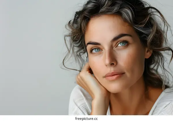 Portrait of Woman with Curly Hair and Blue Eyes