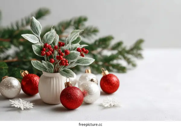 Christmas Decoration Arrangement with Ornaments and Berries