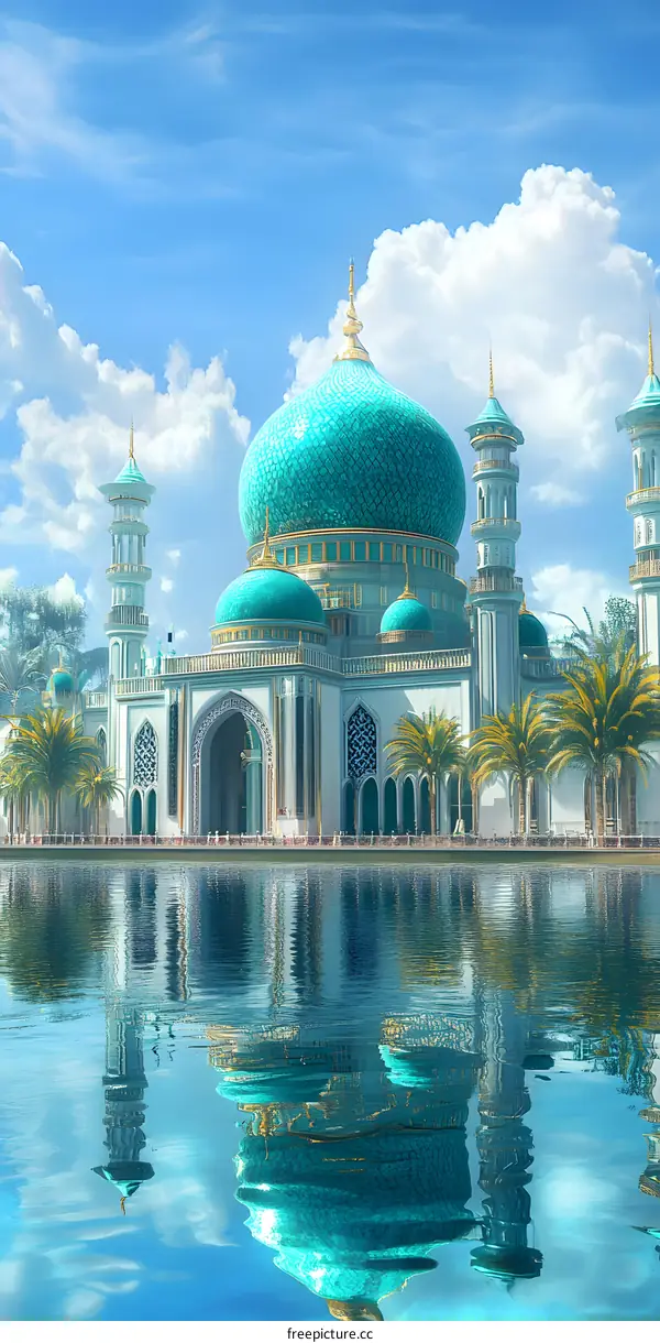Islamic Mosque with Blue Domes and Golden Decorations