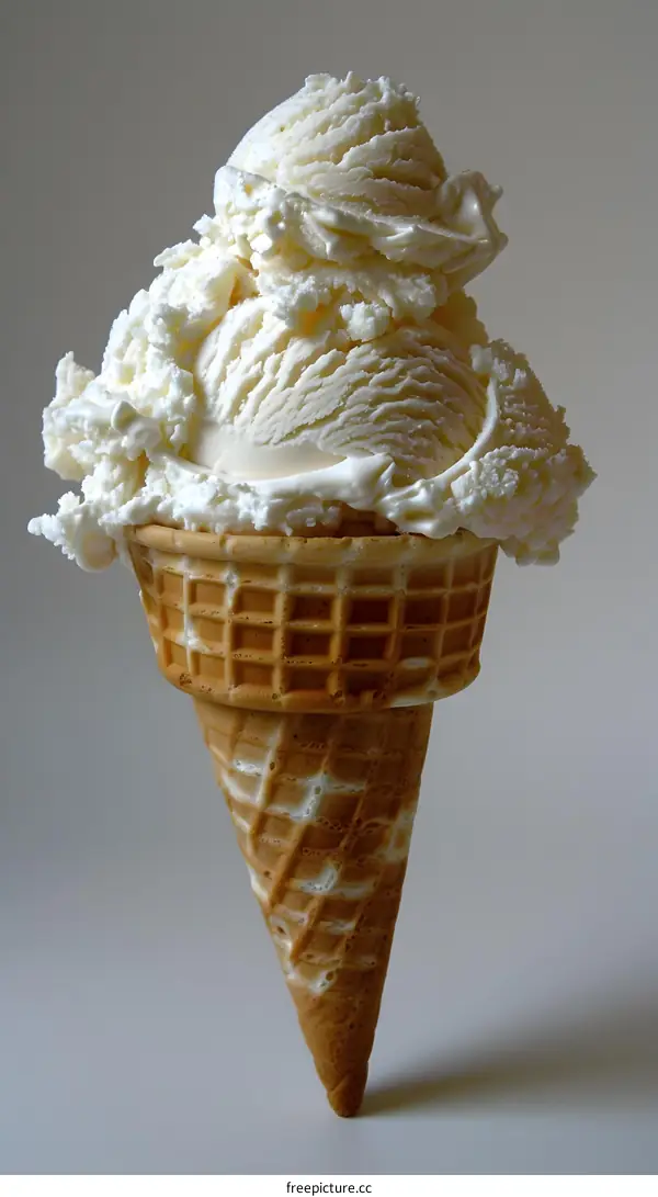 A close-up image of a vanilla ice cream cone