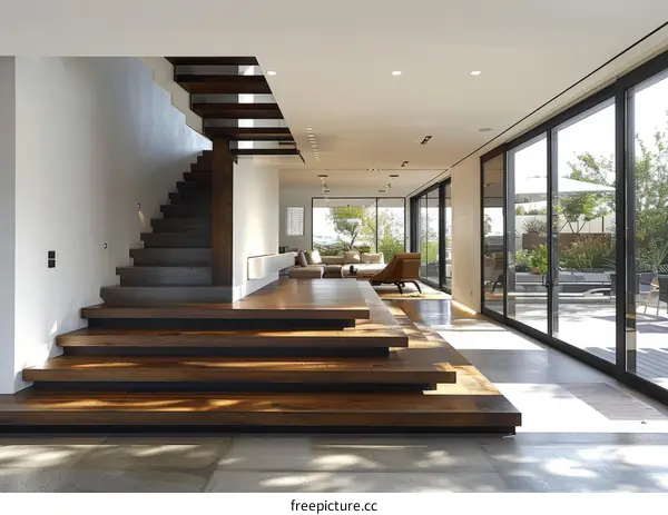 Modern Open Plan Home with Wooden Staircase and Large Windows