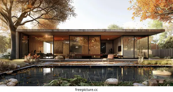 Modern House Exterior With Pool And Autumn Trees