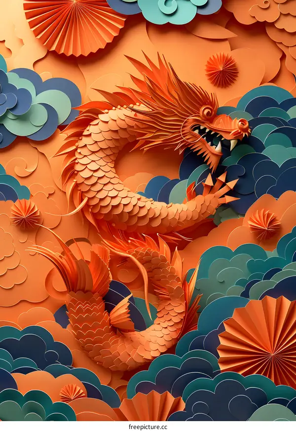 A paper-cut illustration of a Chinese dragon.