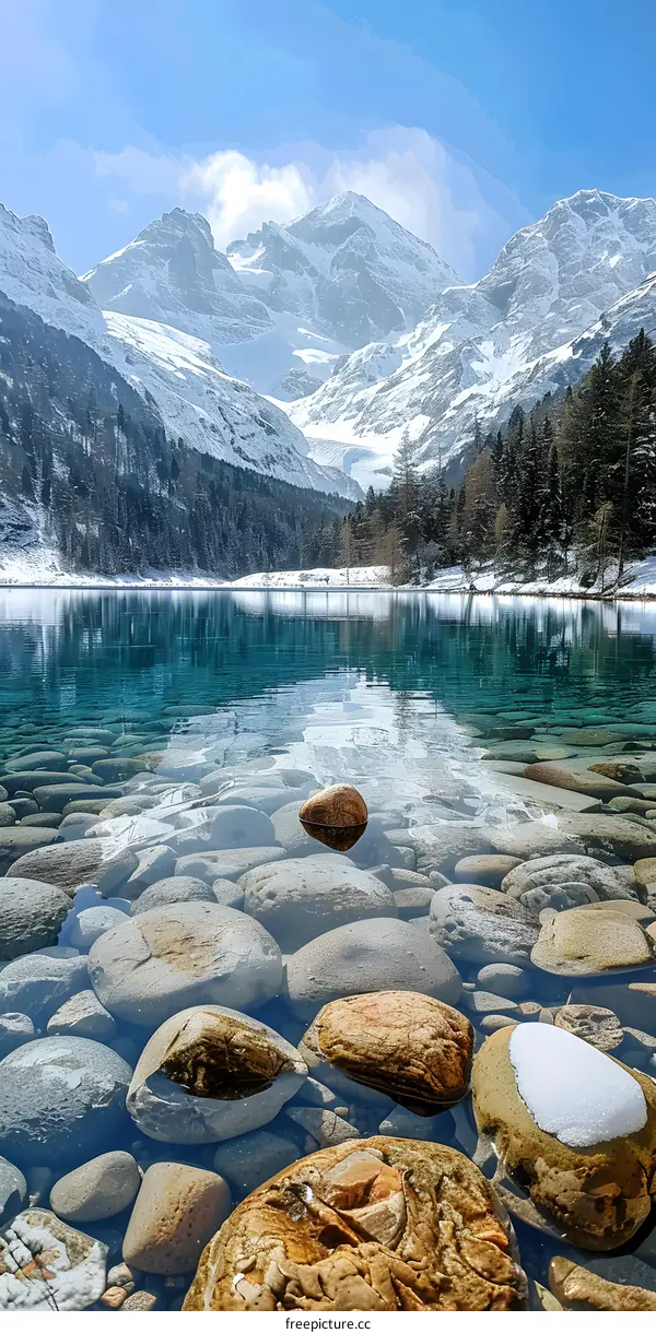 crystal clear mountain lake with snow capped mountains in the background