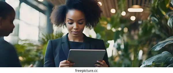 Businesswoman using a tablet in a modern office with plants