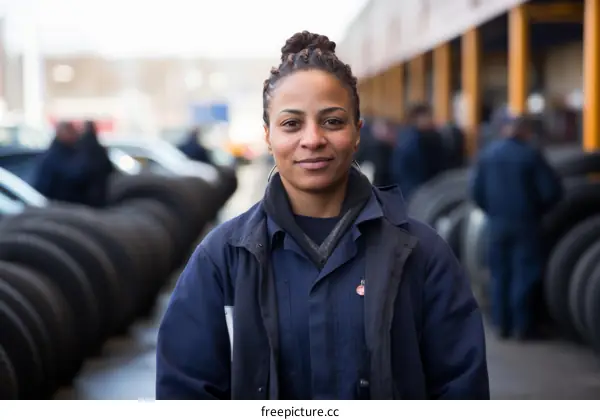 Portrait of a female African-American mechanic smiling in front of a garage