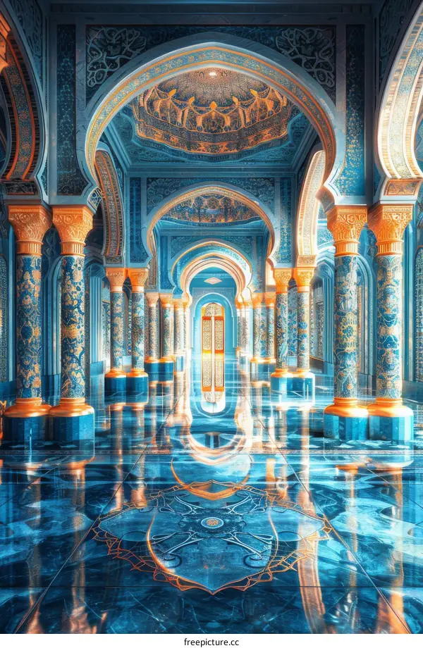 Blue and gold ornate hallway leading to arches