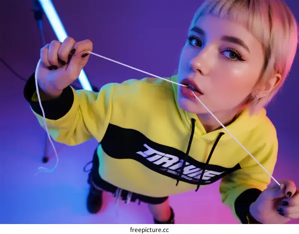 Young woman with short hair wearing yellow hoodie playing with drawstring