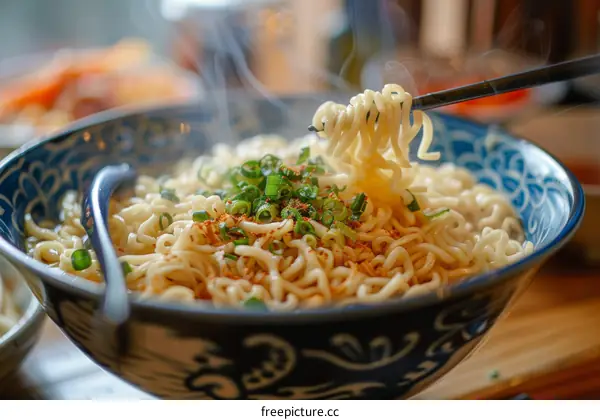 A bowl of instant noodles with chopsticks picking up some noodles