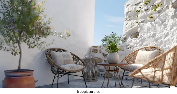 White Wall Patio With Wicker Chairs