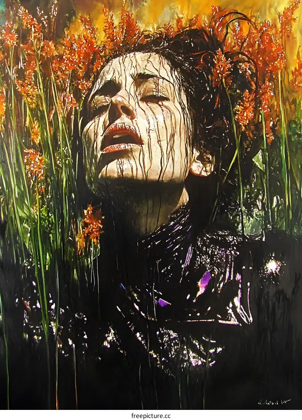 Woman Covered in Black Liquid with Flowers